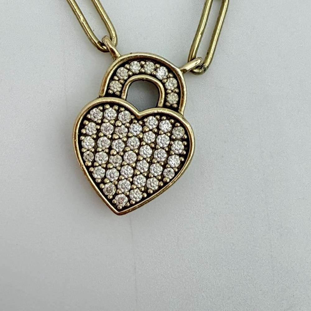Vtg Sterling Over‎ Gold Pave Diamond Heart Necklace Paper Clip Chain